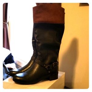 New, never worn, black and brown boots